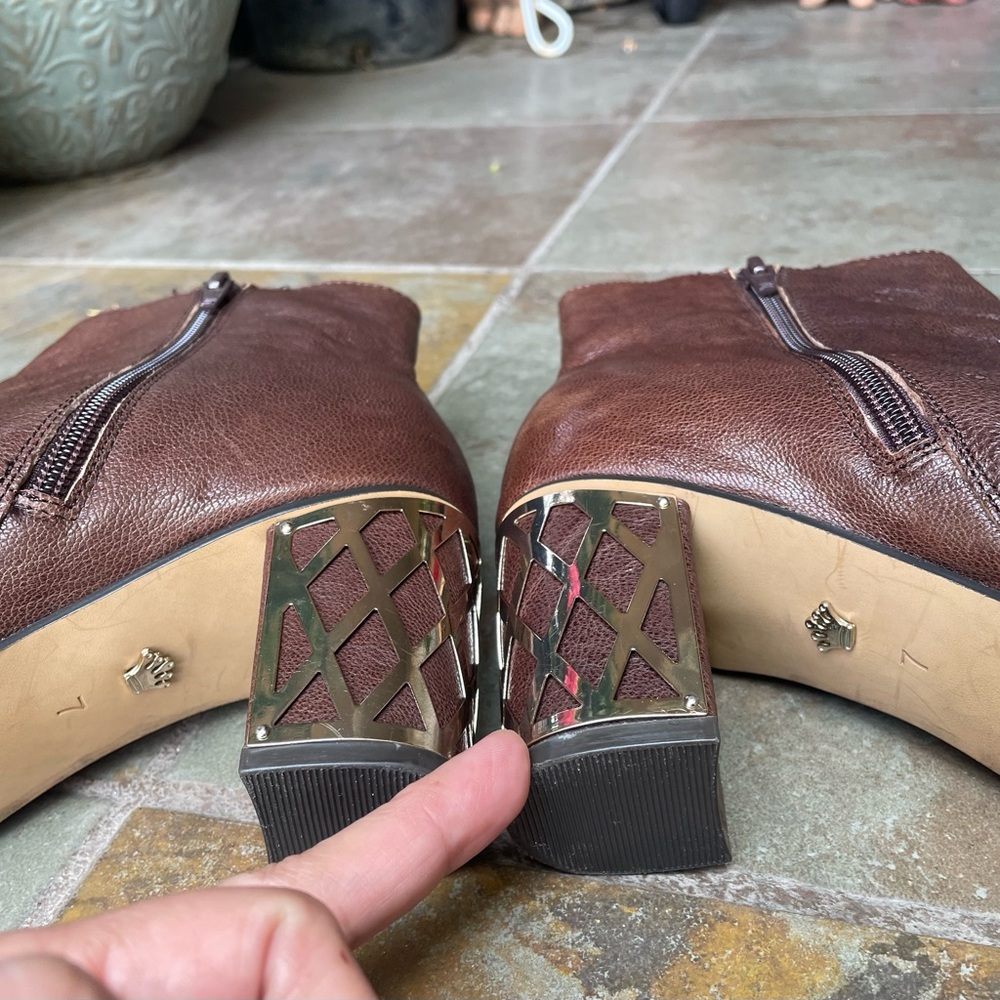 Original Use Brown and Gold Heeled Boots with Geometric Heels